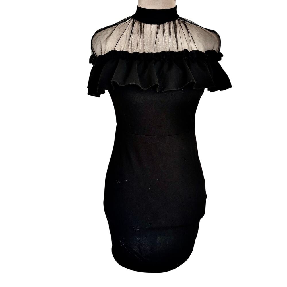 Black Stretch Knit Illusion Ruffle Mini Dress Retro Dark Feminine Goth Victorian